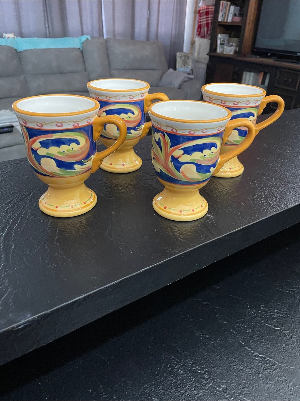 Pfaltzgraff Villa Della Luna Yellow Decorative Pedestal Ceramic Mugs - Set of 4